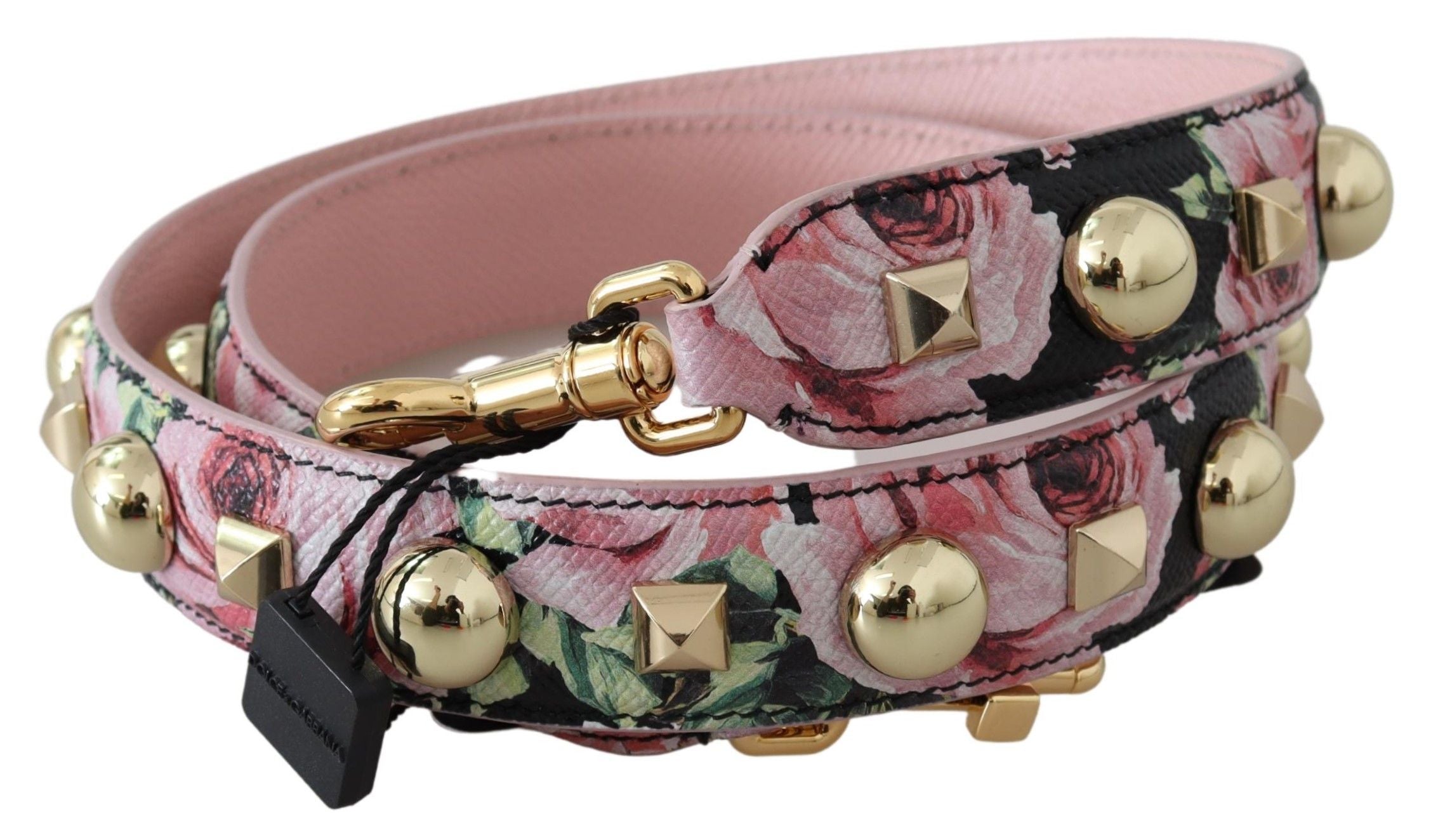 Dolce & Gabbana pembe çiçekli çanta, altın rengi çivili aksesuarlı omuz askısı